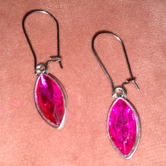 Fuchsia Marquis Sparkle Charm Earrings Dark Pink Rhinestone Minimalist Handmade - Picture 3 of 8